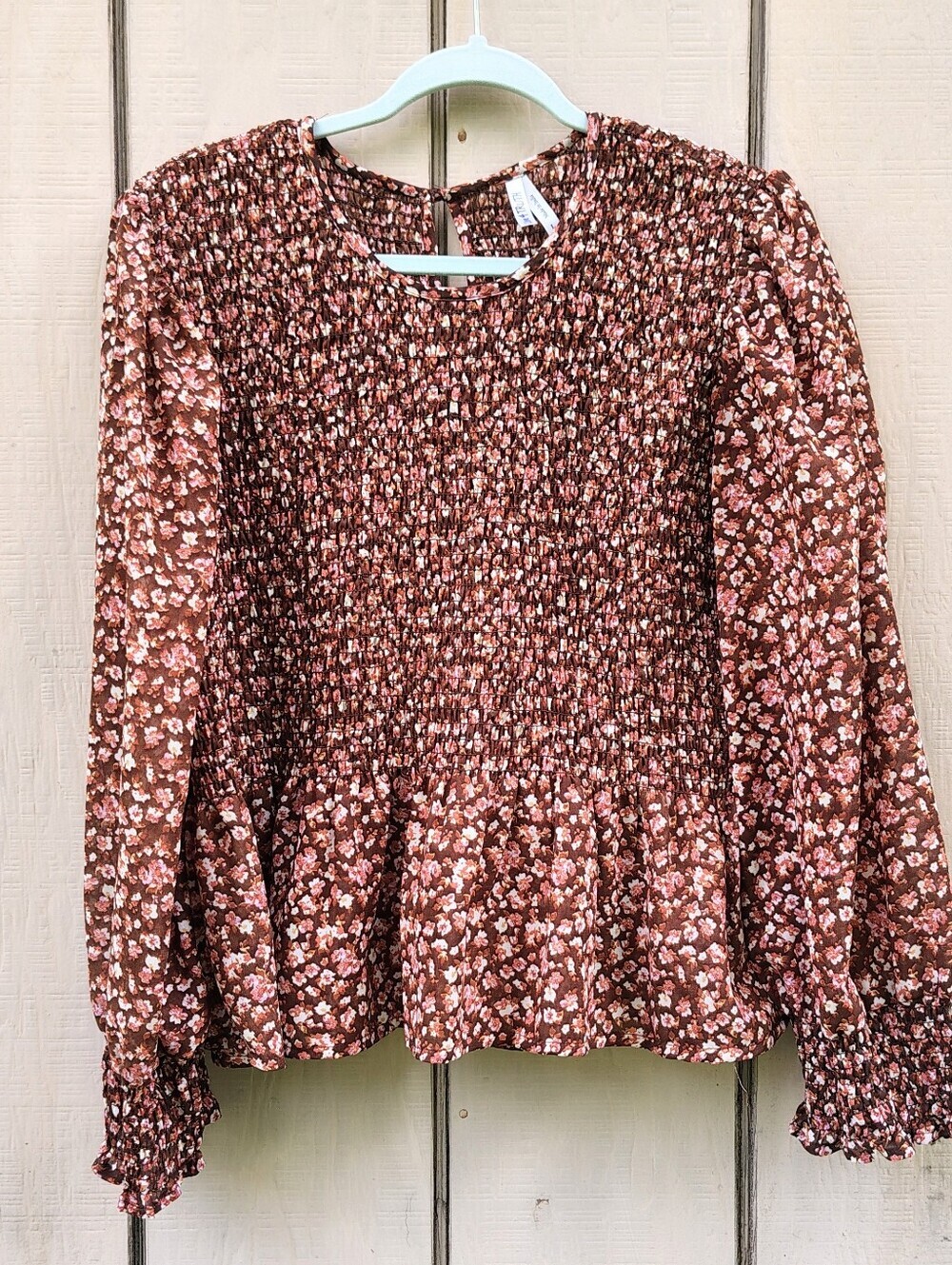 Live 4 Truth Rust Ditsy Floral Smocked Peplum Blouse Balloon Sleeves Flowy Boho